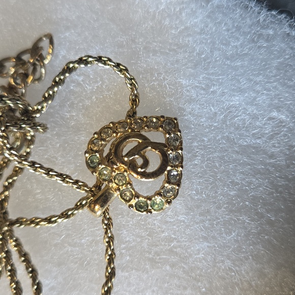 Vintage Christian Dior Gold Tone Rhinestone CD Heart Necklace - Picture 5 of 8